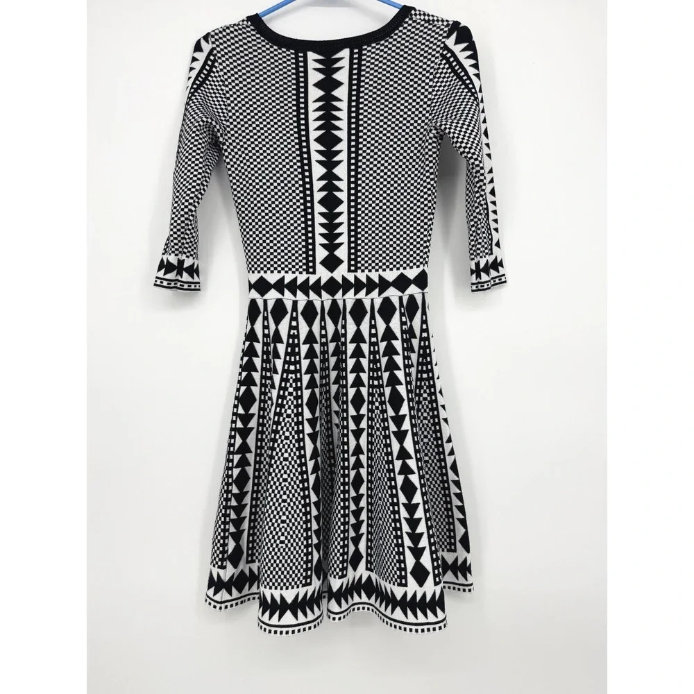 Nina Leonard Womens XS Black White Geometric‎ Jacquard Fit Flare Sweater Dress